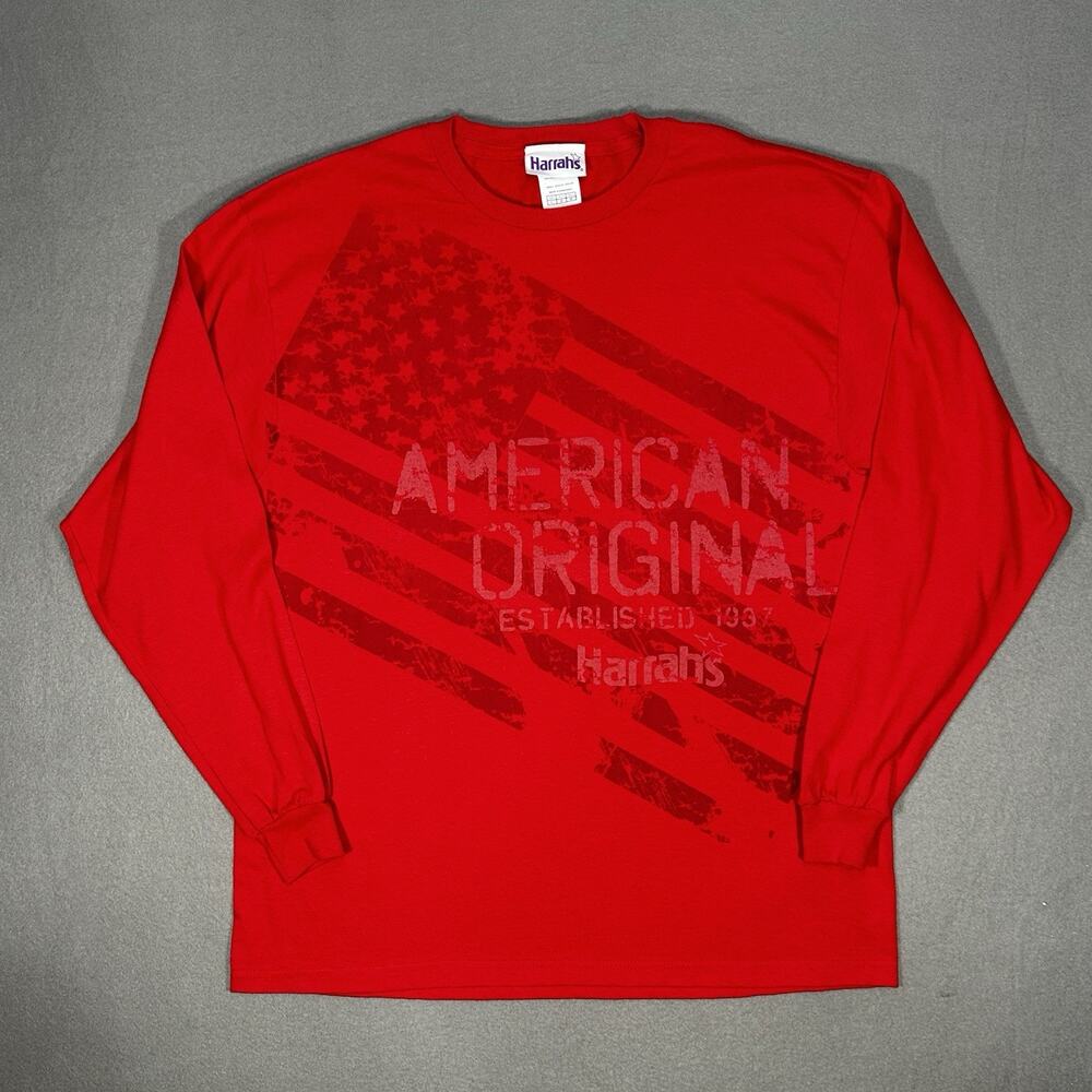 Harrah’s American Original Flag Long Sleeve T-Shirt Men’s Large Red USA Graphic